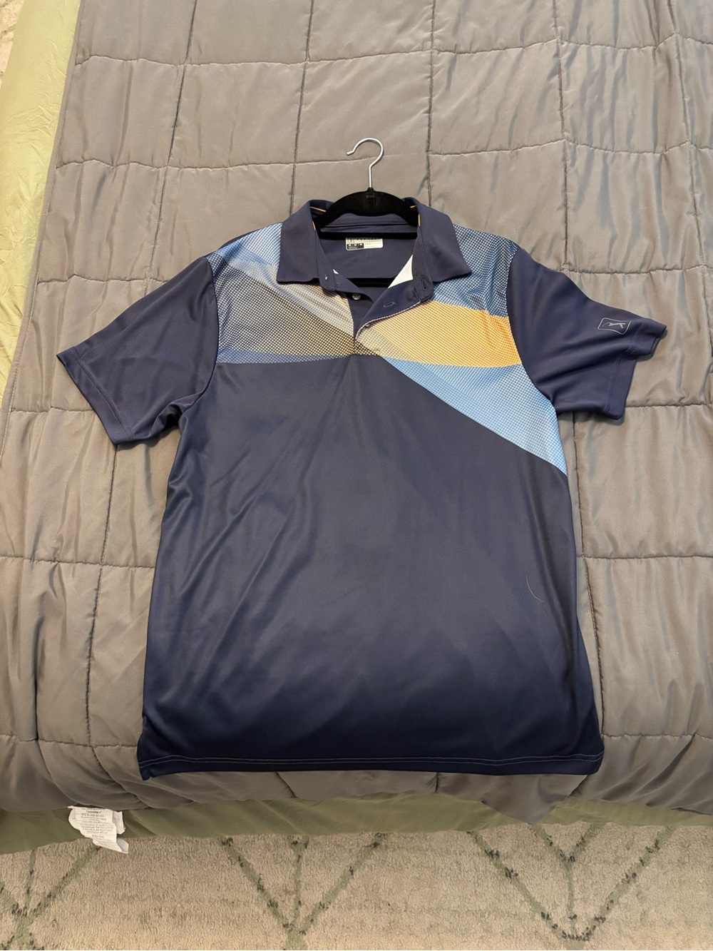PGA Tour Navy Polo with Light Blue and Yellow Diagonal Accents